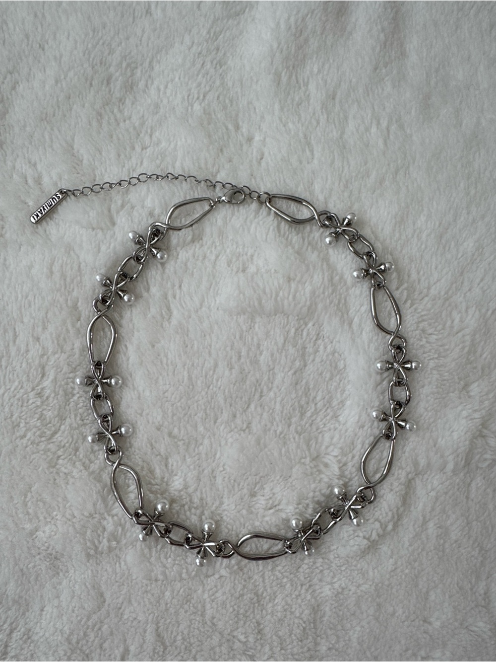 Silver-Tone Floral Link Necklace with Pearl Accents
